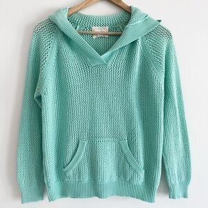 Turquoise Open-Knit Crochet Hoodie by Shirt 469, Size Medium, Linen Cotton Blend